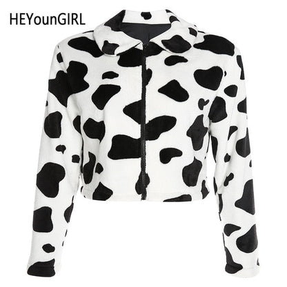 Cow Print Faux Fur Coat Women Animal Printed Casual Furry Crop Teddy Zipper Overcoat Jacket The Clothing Company Sydney