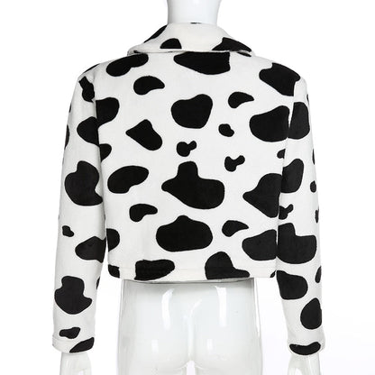 Cow Print Faux Fur Coat Women Animal Printed Casual Furry Crop Teddy Zipper Overcoat Jacket The Clothing Company Sydney