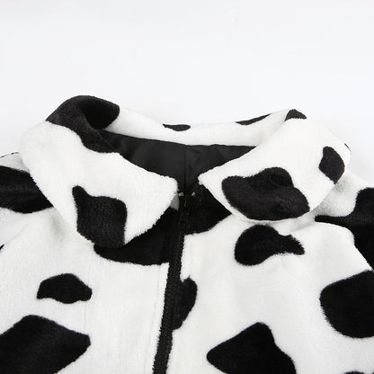 Cow Print Faux Fur Coat Women Animal Printed Casual Furry Crop Teddy Zipper Overcoat Jacket The Clothing Company Sydney