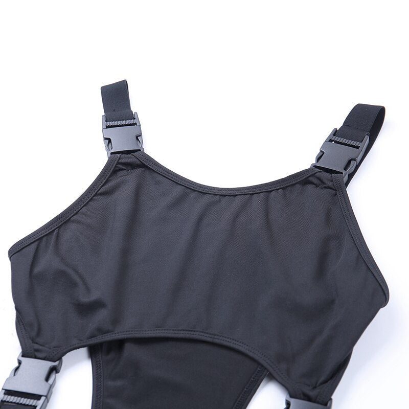 Black Solid Sexy High Street Bodysuit Hollow Out Buckle Sleeveless Backless Ladies Suspenders Bodysuit The Clothing Company Sydney