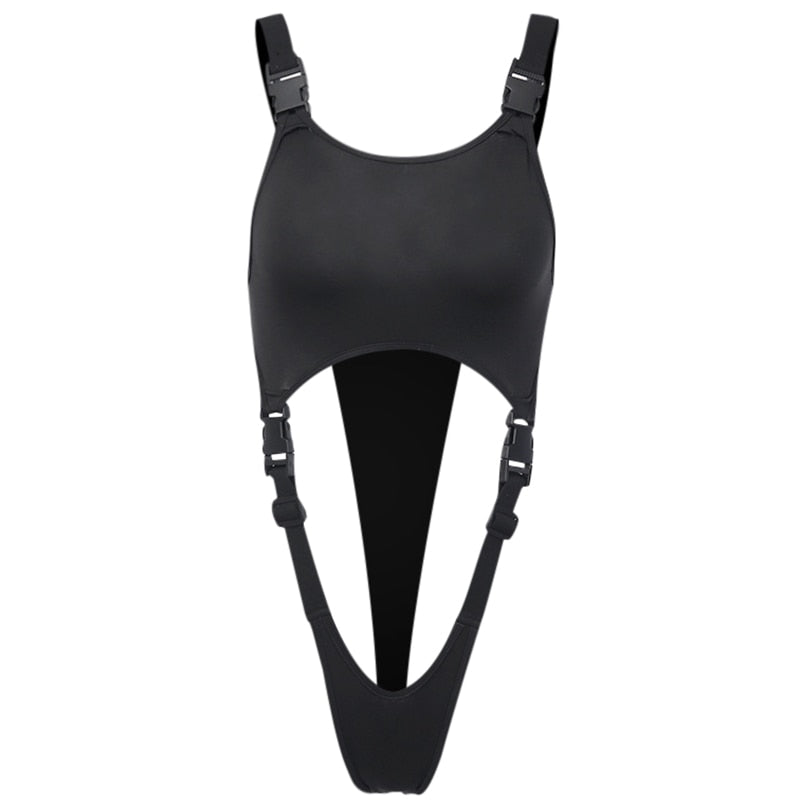 Black Solid Sexy High Street Bodysuit Hollow Out Buckle Sleeveless Backless Ladies Suspenders Bodysuit The Clothing Company Sydney