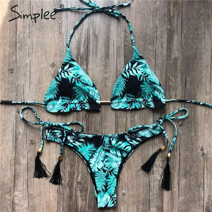 Floral print tassel swimwear Bandage swimsuit push up two pieces suit triangle bikini set bathing suit beach wear The Clothing Company Sydney