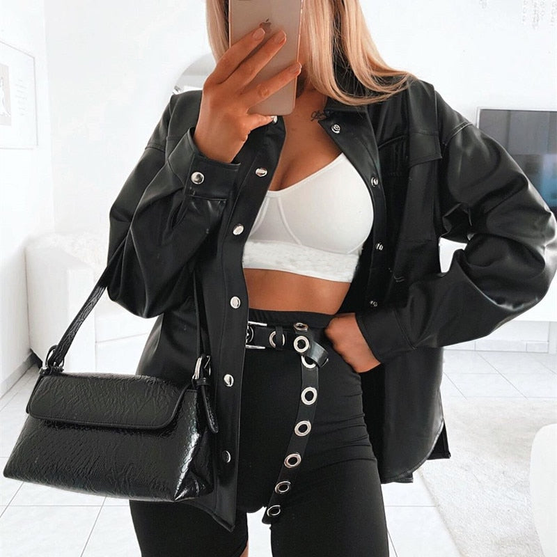 Streetwear Black PU Leather Blouse Women Cardigan Buttons Fashion Women's Shirt Top Long Sleeve Jacket The Clothing Company Sydney