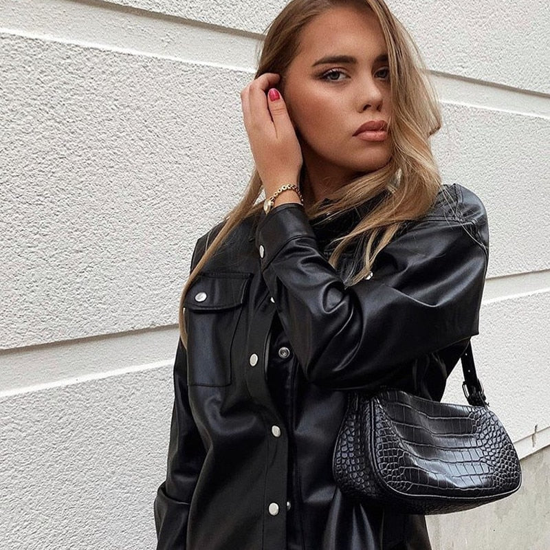 Streetwear Black PU Leather Blouse Women Cardigan Buttons Fashion Women's Shirt Top Long Sleeve Jacket The Clothing Company Sydney