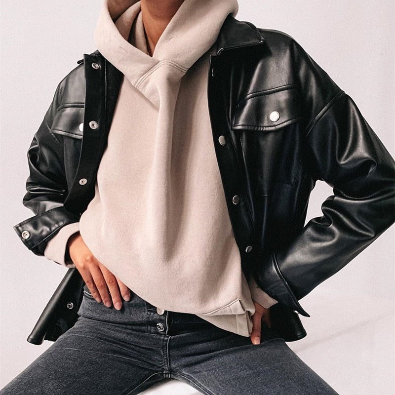 Streetwear Black PU Leather Blouse Women Cardigan Buttons Fashion Women's Shirt Top Long Sleeve Jacket The Clothing Company Sydney