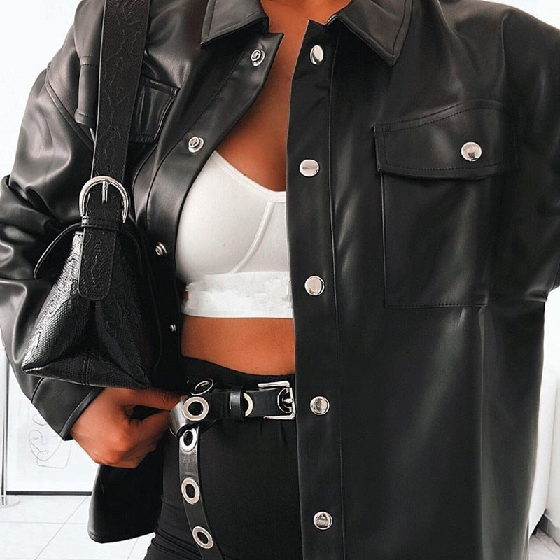 Streetwear Black PU Leather Blouse Women Cardigan Buttons Fashion Women's Shirt Top Long Sleeve Jacket The Clothing Company Sydney