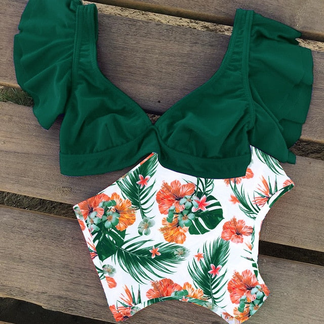 Floral Ruffled Hem Bikini Set Women Flora V-neck High waist Two Piece Swimsuit The Clothing Company Sydney