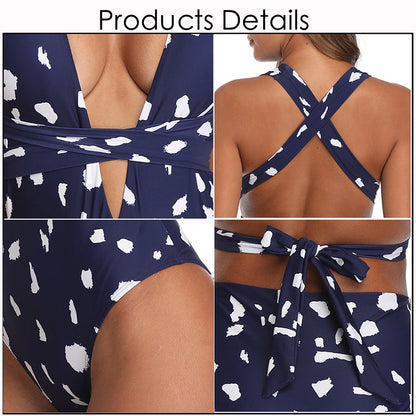 Deep V Neck Swimsuit One Piece Swimwear Speckle Print Women's Bathing Suits High Cut Monokini The Clothing Company Sydney