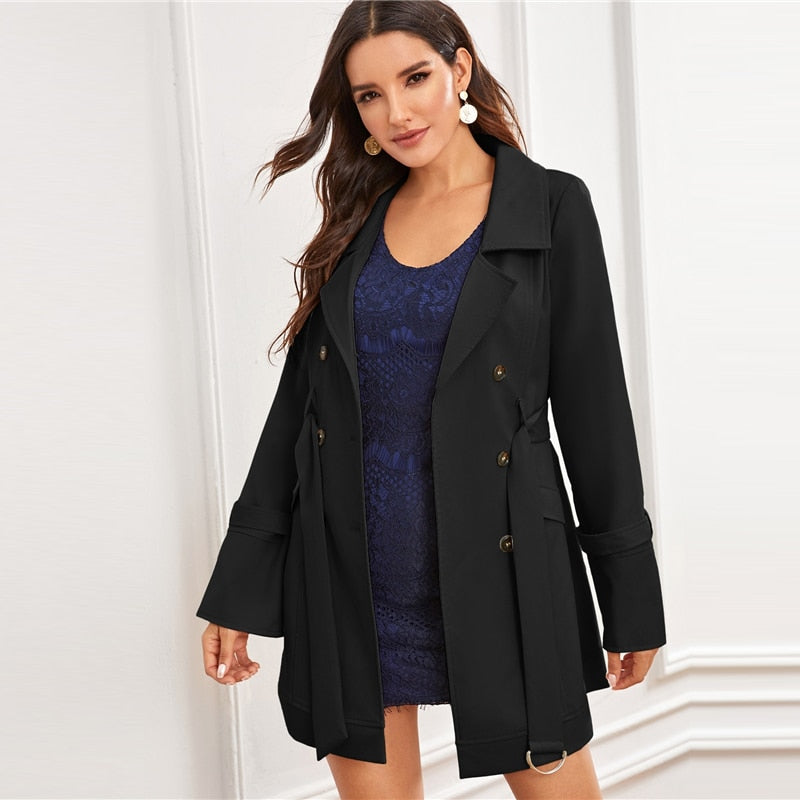 Black Notch Collar Double Breasted D-ring Belted Coat Solid Coat And Jackets Ladies Outerwear The Clothing Company Sydney