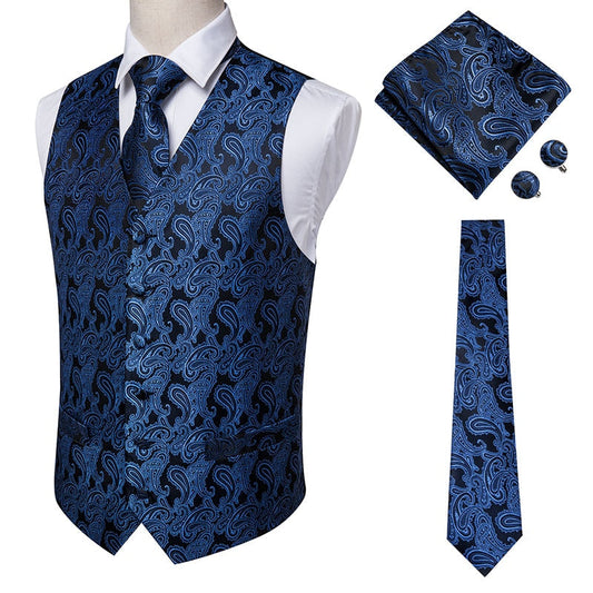 4 Piece Navy Paisley 100% Silk Dress Vest Dark Blue Jacquard Men's Suit Vest Waistcoat Tie Cufflinks Pocket Square Set The Clothing Company Sydney