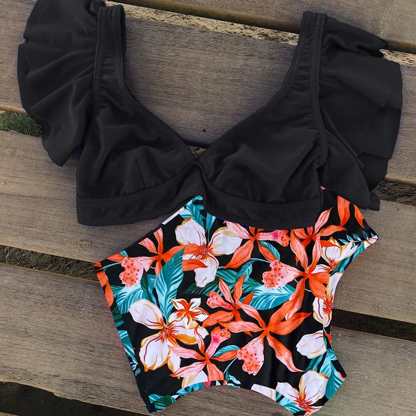 Floral Ruffled Hem Bikini Set Women Flora V-neck High waist Two Piece Swimsuit The Clothing Company Sydney