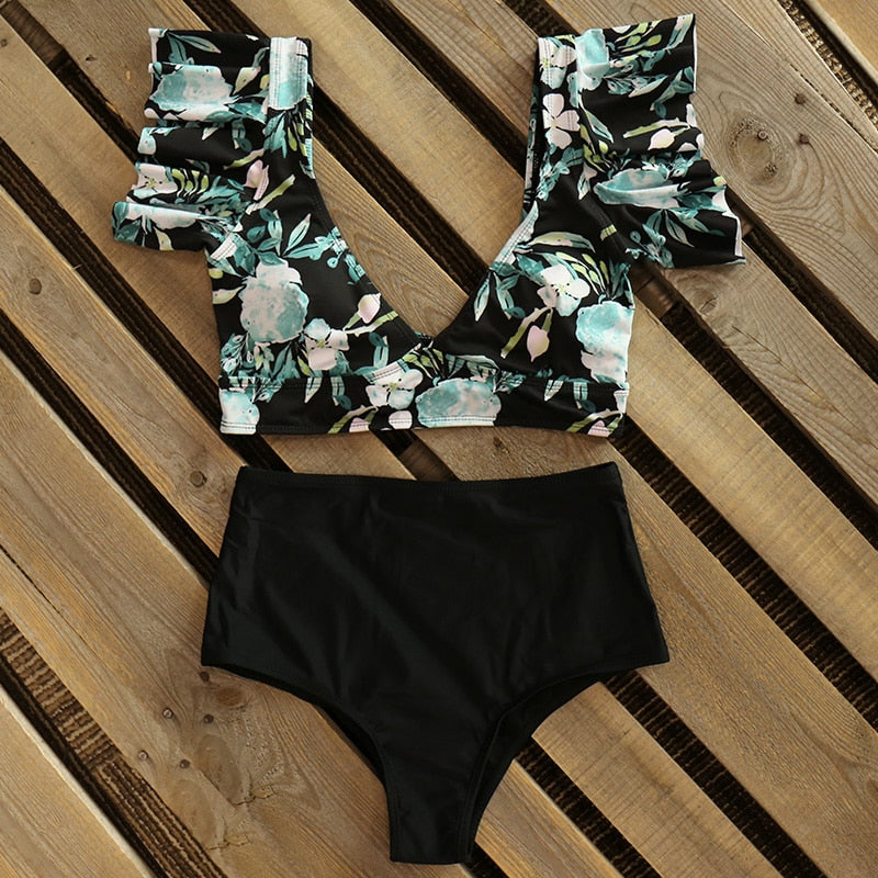 Floral Ruffled Hem Bikini Set Women Flora V-neck High waist Two Piece Swimsuit The Clothing Company Sydney