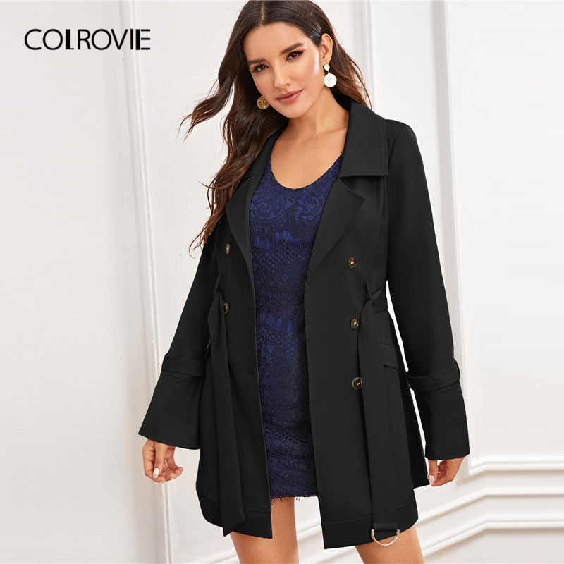 Black Notch Collar Double Breasted D-ring Belted Coat Solid Coat And Jackets Ladies Outerwear The Clothing Company Sydney