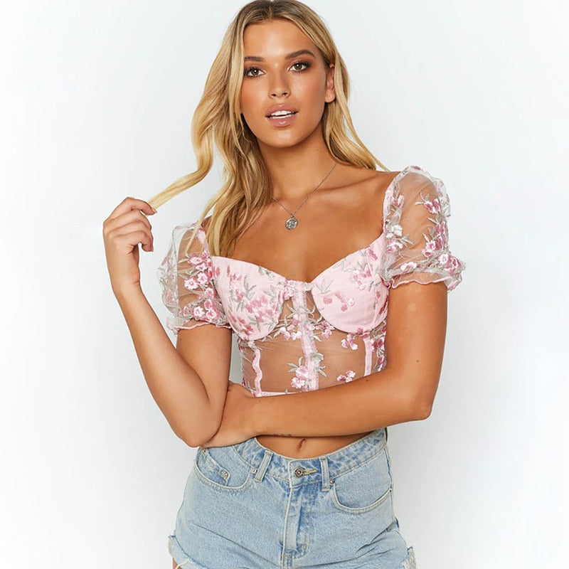 Square Neck Pink Mesh Embroidery Transparent Cropped Bustier Top Summer Shirt Puff Sleeve Blouse The Clothing Company Sydney