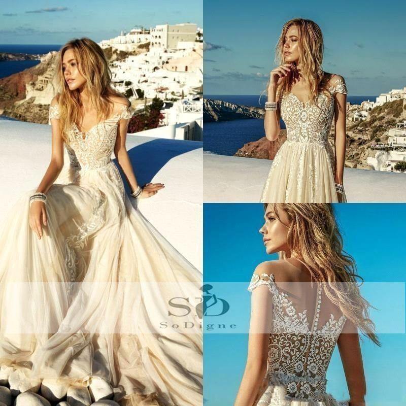 Champagne Boho Wedding Tull Lace A Line Appliques Long Beach Bridal Dress Wedding Gown The Clothing Company Sydney