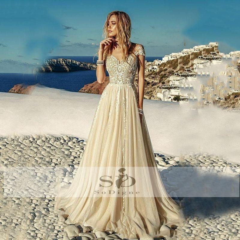 Champagne Boho Wedding Tull Lace A Line Appliques Long Beach Bridal Dress Wedding Gown The Clothing Company Sydney