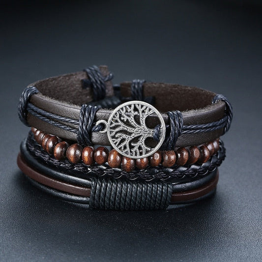 4 PieceSet Braided Wrap PU Leather Bracelets for Men Vintage Life Tree Rudder Charm Wood Beads Ethnic Tribal Style Wristbands The Clothing Company Sydney