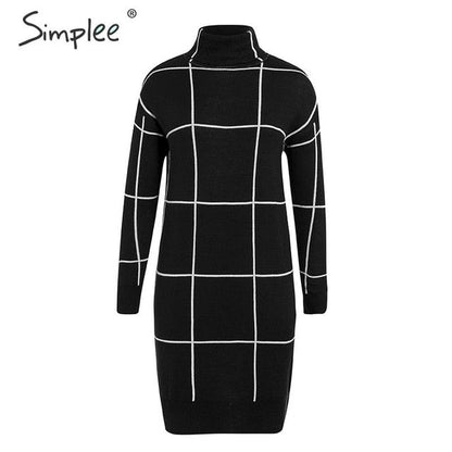 Elegant knitted Long sleeve turtleneck plaid Winter straight chic pullover sweater dress The Clothing Company Sydney