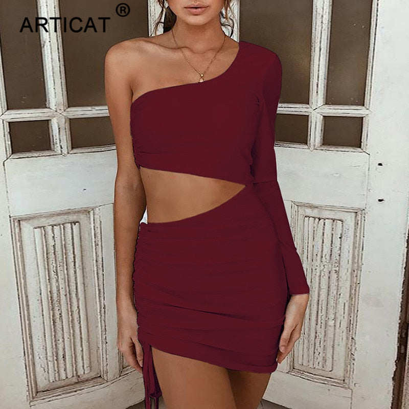 One Shoulder Hollow Out Pleated Bandage Bodycon Mini Casual Party Autumn Summer Dress The Clothing Company Sydney