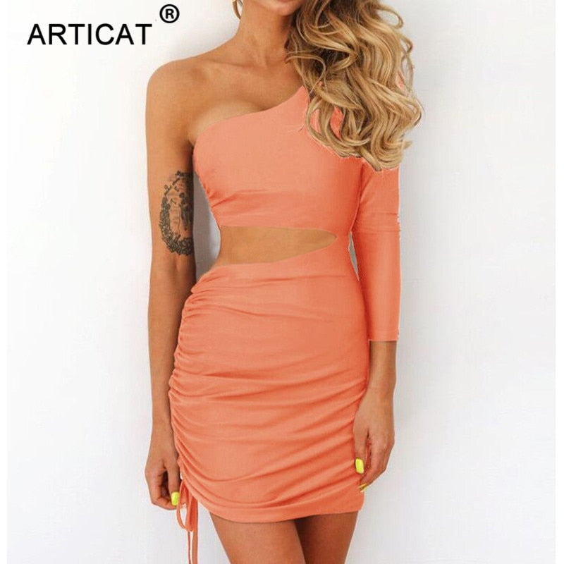 One Shoulder Hollow Out Pleated Bandage Bodycon Mini Casual Party Autumn Summer Dress The Clothing Company Sydney