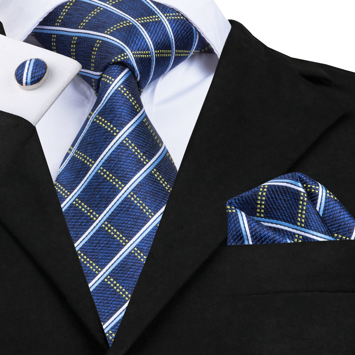 3 Piece Business Classic Blue Black Striped Solid Men's 3.4" Brand Necktie Pocket Square Cufflinks Wedding Party Silk Tie Set - The Clothing Company Sydney