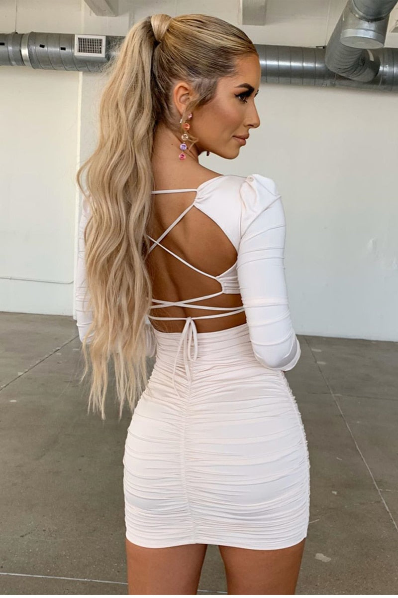 Backless Sexy White Long Sleeve Square Collar Bodycon Lacing Party Dress Summer Club Mini Dress The Clothing Company Sydney