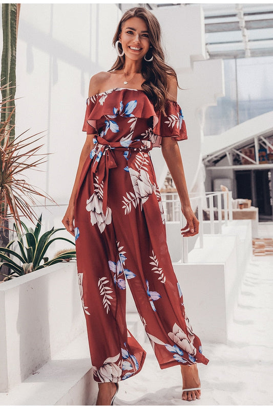 Bohemian floral print Elegant off shoulder sashes ladies long Summer beach ruffled playsuit Jumpsuit The Clothing Company Sydney