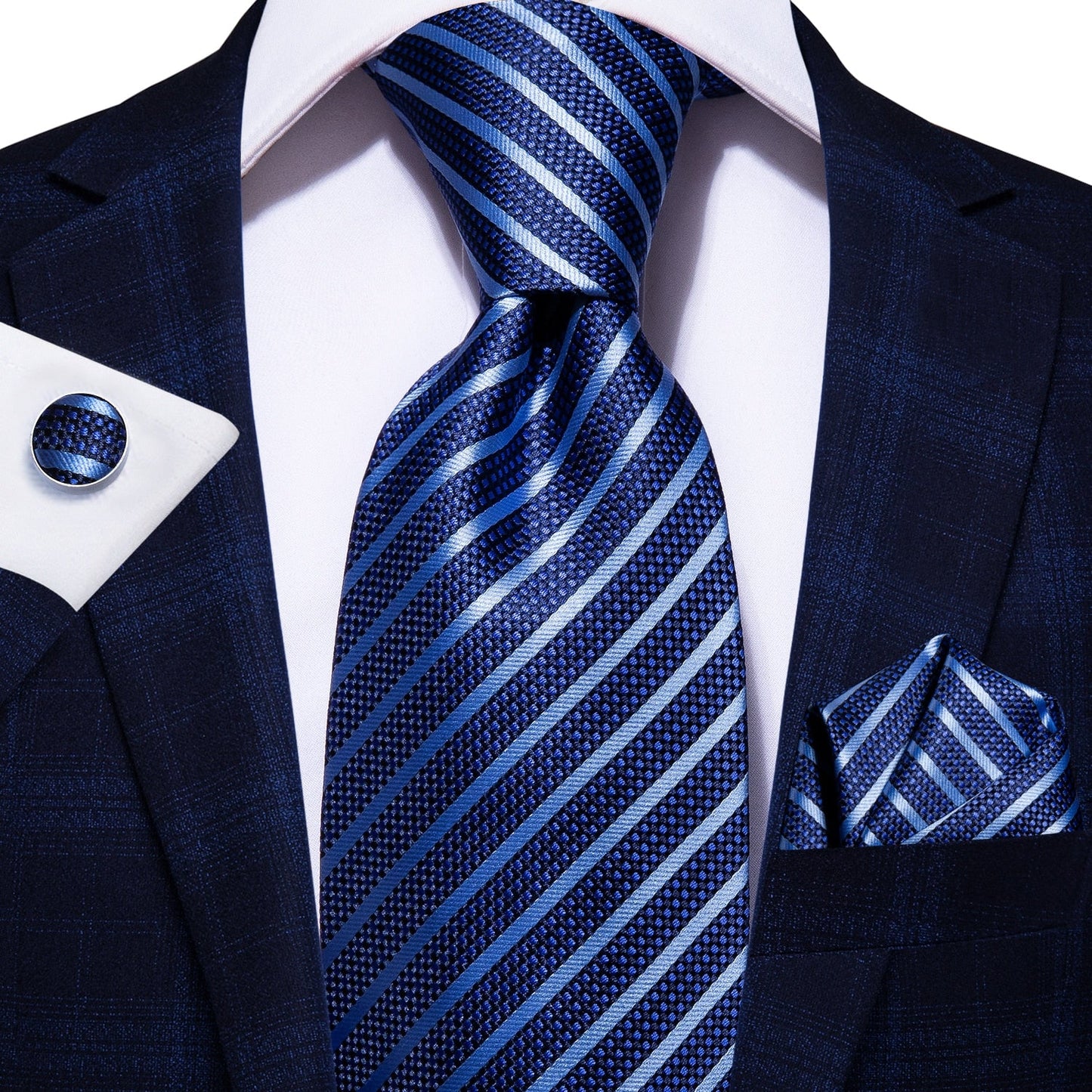 3 Piece Business Classic Blue Black Striped Solid Men's 3.4" Brand Necktie Pocket Square Cufflinks Wedding Party Silk Tie Set - The Clothing Company Sydney