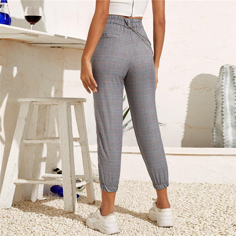 Grey Chain Detail Plaid Crop Spring Summer Mid Waist Buttoned Zipper Fly Trousers Carrot Pants The Clothing Company Sydney