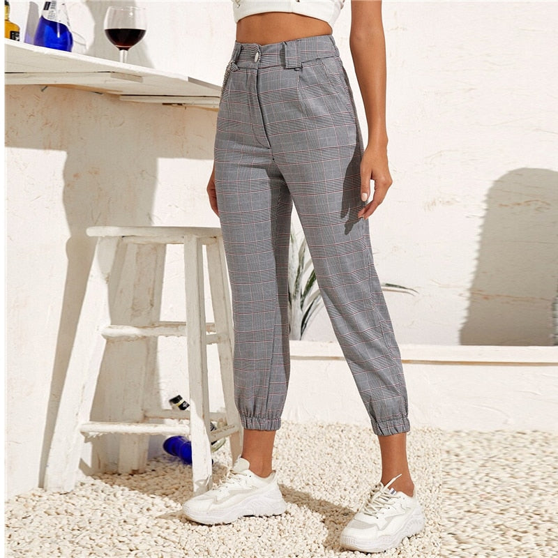 Grey Chain Detail Plaid Crop Spring Summer Mid Waist Buttoned Zipper Fly Trousers Carrot Pants The Clothing Company Sydney