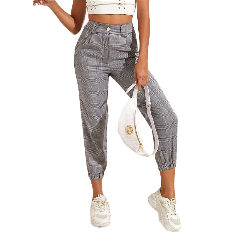 Grey Chain Detail Plaid Crop Spring Summer Mid Waist Buttoned Zipper Fly Trousers Carrot Pants The Clothing Company Sydney