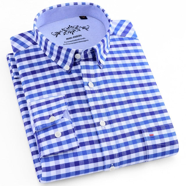 Men's Long Sleeve Contrast Plaid/Striped Oxford Dress Shirt with Left Chest Pocket Male Casual Slim-fit Buttoned Down Shirts The Clothing Company Sydney