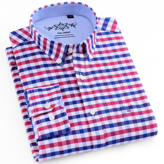 Men's Long Sleeve Contrast Plaid/Striped Oxford Dress Shirt with Left Chest Pocket Male Casual Slim-fit Buttoned Down Shirts The Clothing Company Sydney