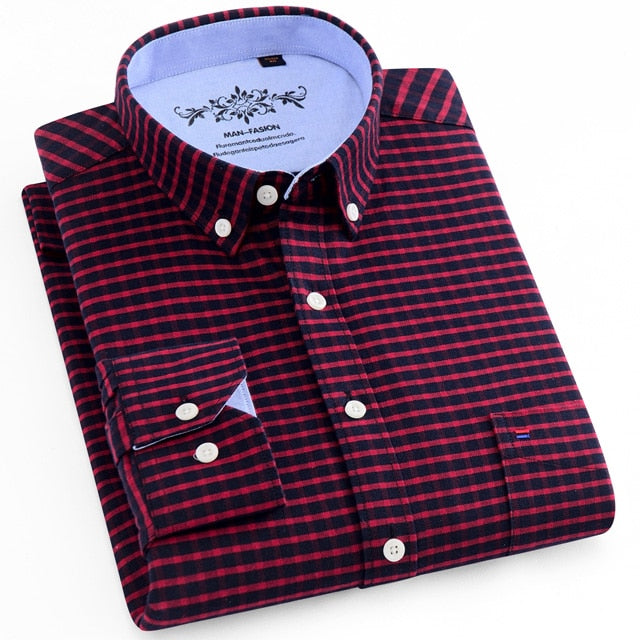 Men's Long Sleeve Contrast Plaid/Striped Oxford Dress Shirt with Left Chest Pocket Male Casual Slim-fit Buttoned Down Shirts The Clothing Company Sydney