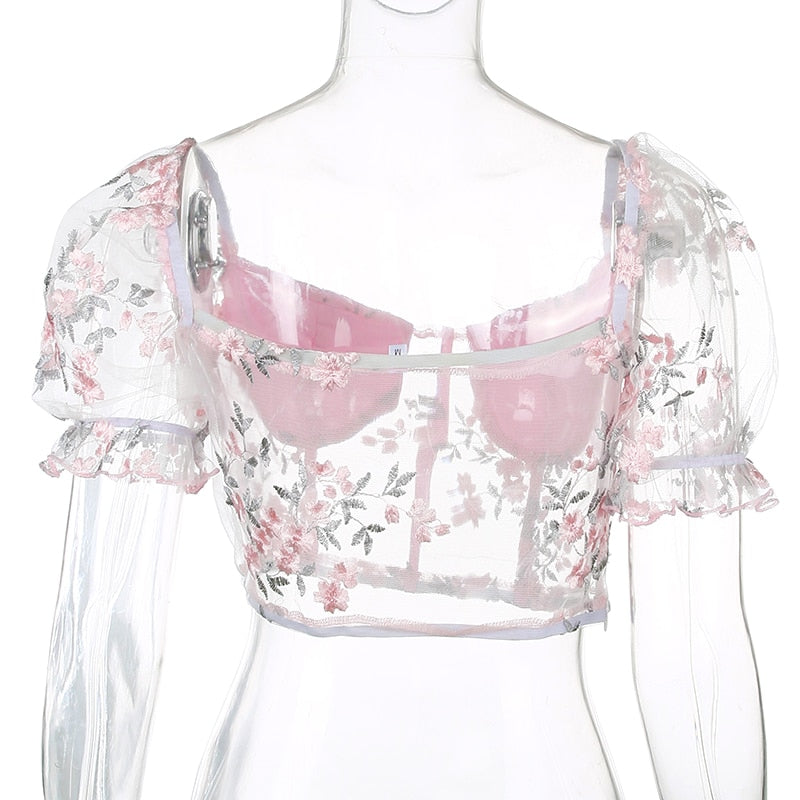 Square Neck Pink Mesh Embroidery Transparent Cropped Bustier Top Summer Shirt Puff Sleeve Blouse The Clothing Company Sydney