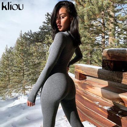 Solid black/gray long sleeve skiing  jumpsuit women elastic hight outfit fashion fitness sportwear slim rompers streetwear The Clothing Company Sydney