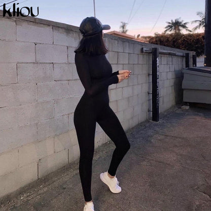 Solid black/gray long sleeve skiing  jumpsuit women elastic hight outfit fashion fitness sportwear slim rompers streetwear The Clothing Company Sydney
