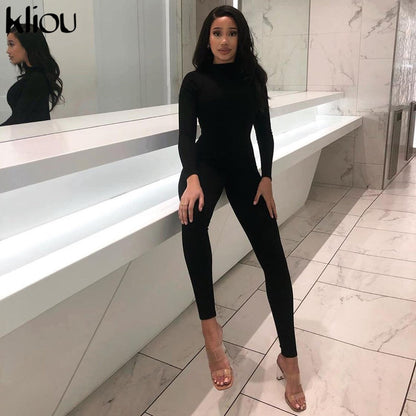 Solid black/gray long sleeve skiing  jumpsuit women elastic hight outfit fashion fitness sportwear slim rompers streetwear The Clothing Company Sydney
