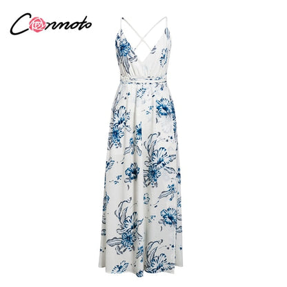 Chiffon boho beach casual long backless sexy dresses spaghetti strap plus size white floral dress The Clothing Company Sydney