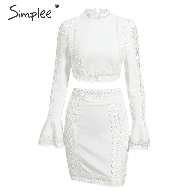 Elegant lace bodycon White 2 piece hollow out autumn dress suit Winter party club short party dresses The Clothing Company Sydney