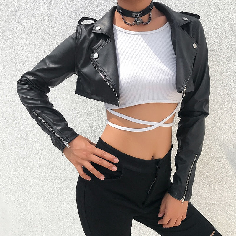 Street Motorcycle Faux Leather Womens Zipper Cropped Coat Outerwear Autumn Basic Jackets The Clothing Company Sydney