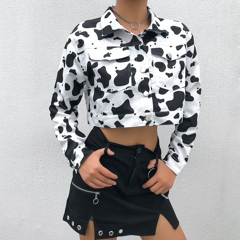 Streetwear Cow Print Cropped Casual Buttons Coat Women Cardigan Spring Autumn Basic Jacket The Clothing Company Sydney