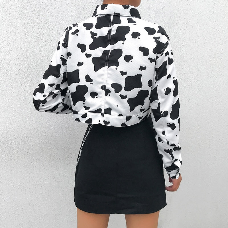 Streetwear Cow Print Cropped Casual Buttons Coat Women Cardigan Spring Autumn Basic Jacket The Clothing Company Sydney