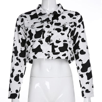 Streetwear Cow Print Cropped Casual Buttons Coat Women Cardigan Spring Autumn Basic Jacket The Clothing Company Sydney