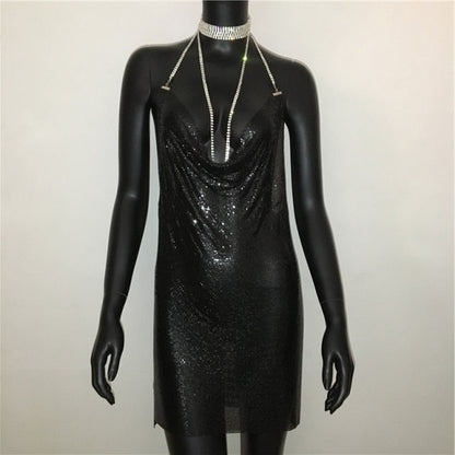 Deep v neck halter split sequined dress women solid backless rhinestone chain party metal dress The Clothing Company Sydney