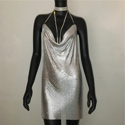 Deep v neck halter split sequined dress women solid backless rhinestone chain party metal dress The Clothing Company Sydney