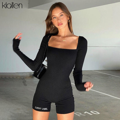Casual streetwear black spring summer print letter skinny playsuit elastic yoga fitness sportwear playsuit The Clothing Company Sydney