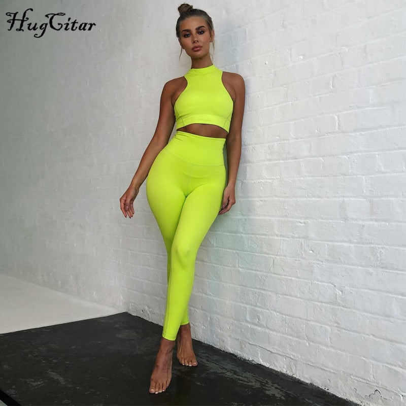 Sleeveless cami Yoga Gym elastic leggings two 2 piece neon crop top summer fashion stretchy casual set The Clothing Company Sydney