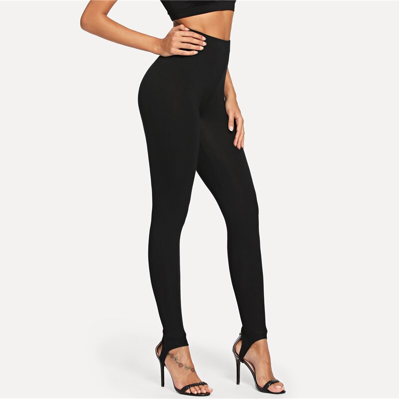 Black Casual High Rise Stirrup Solid Long Skinny Pants Leggings The Clothing Company Sydney