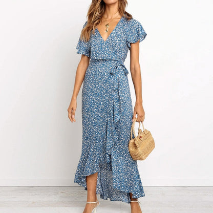 Boho Floral Print Beach Summer Long Sexy High Slit V-Neck Wrap Bodycon Party Maxi Ruffle Robe Split Dress The Clothing Company Sydney